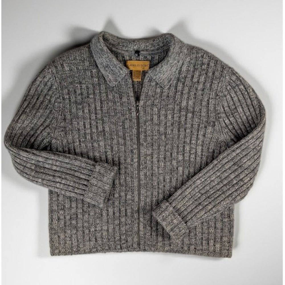 Classiques Entier Petites Gray 100% Wool Ribbed Full Zip Cardigan Sweater L